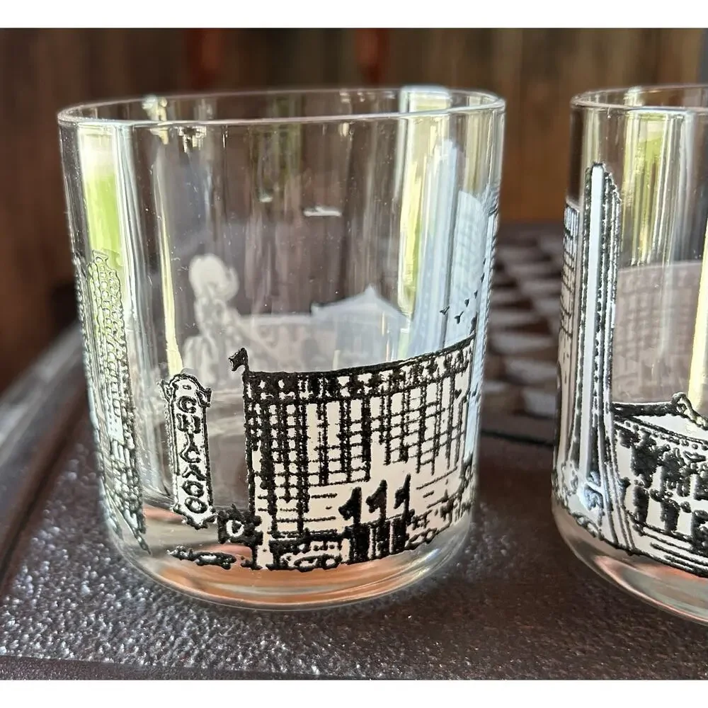 Vintage Pair of Chicago Skyline Rocks Glasses Whiskey Tumblers Black And White